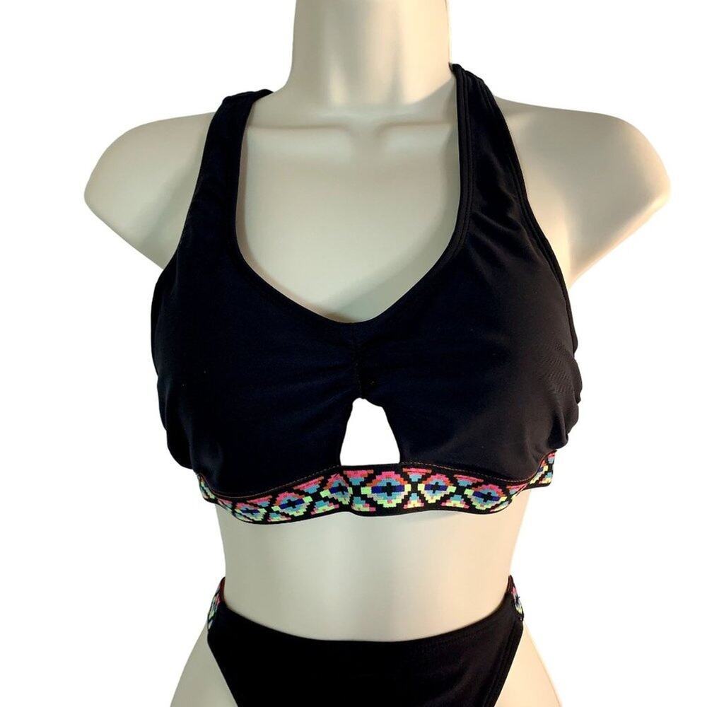 EXHILARATION Women Black w/Multi Color RainbowTrim BikiniTop/Bottom Swim Sz M‎ - Picture 5 of 11